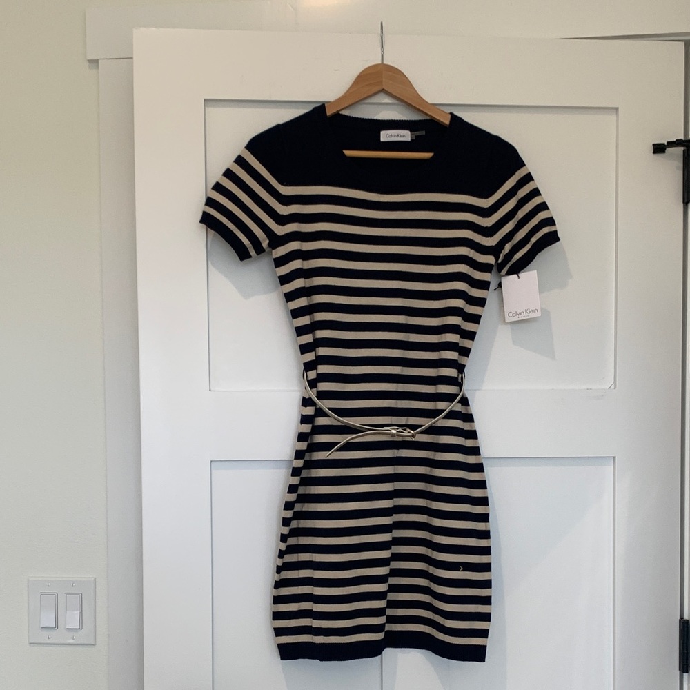 Calvin Klein Navy and Beige Striped Mini Dress
